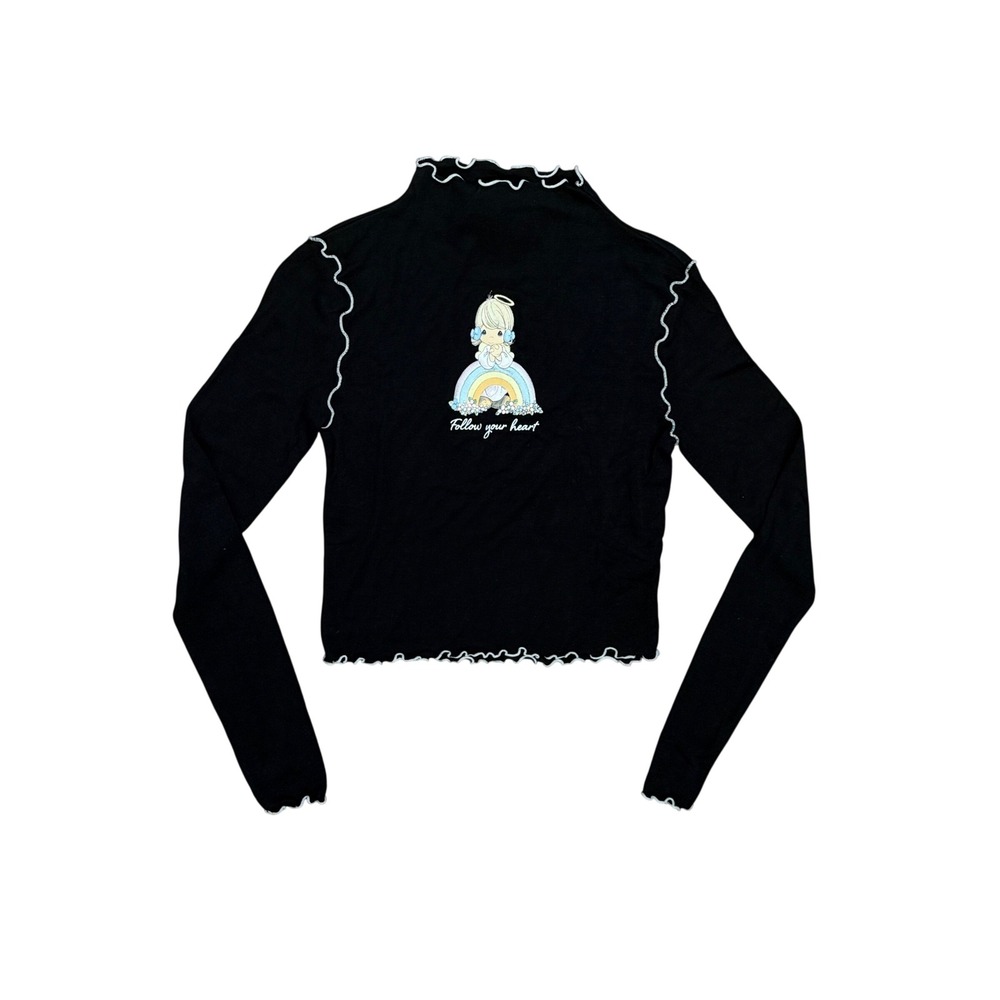 Forever 21 Precious Moments Angel Rainbow Lettuce Edge Long Sleeve Top Black M